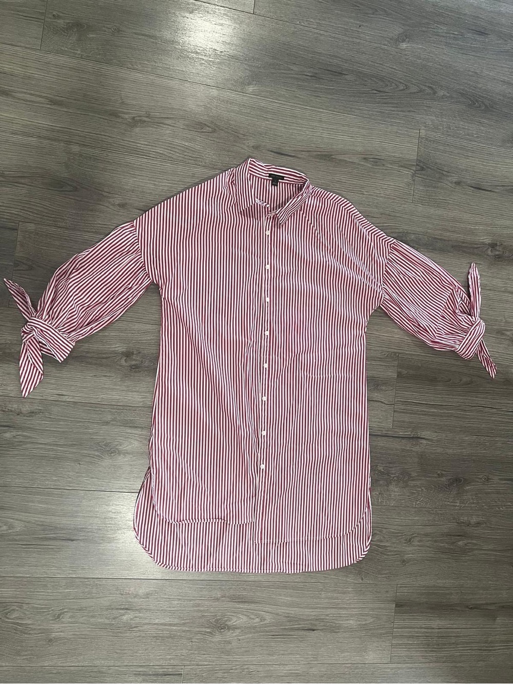 Ann Taylor Red and White Striped Button-Down Long Shirt